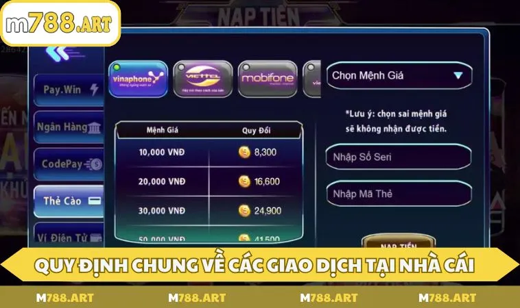 dieu khoan ve giao dich nap va rut tai m788 Điều khoản về giao dịch nạp và rút tại M788